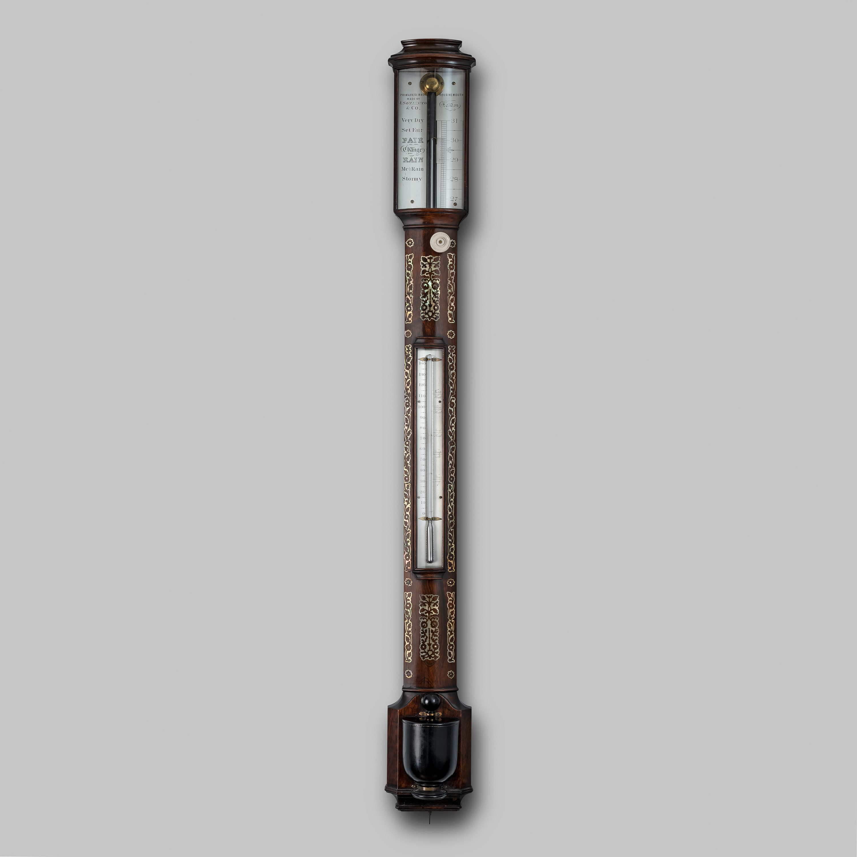 19TH CENTURY ANTIQUE BOW FRONT BAROMETER BY J. SOMALVICO & CO OF LONDON
